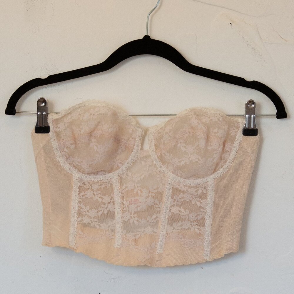 Vintage Strapless Beige Floral Lace Boned Stretchy Bustier Corset Bra Top 34C